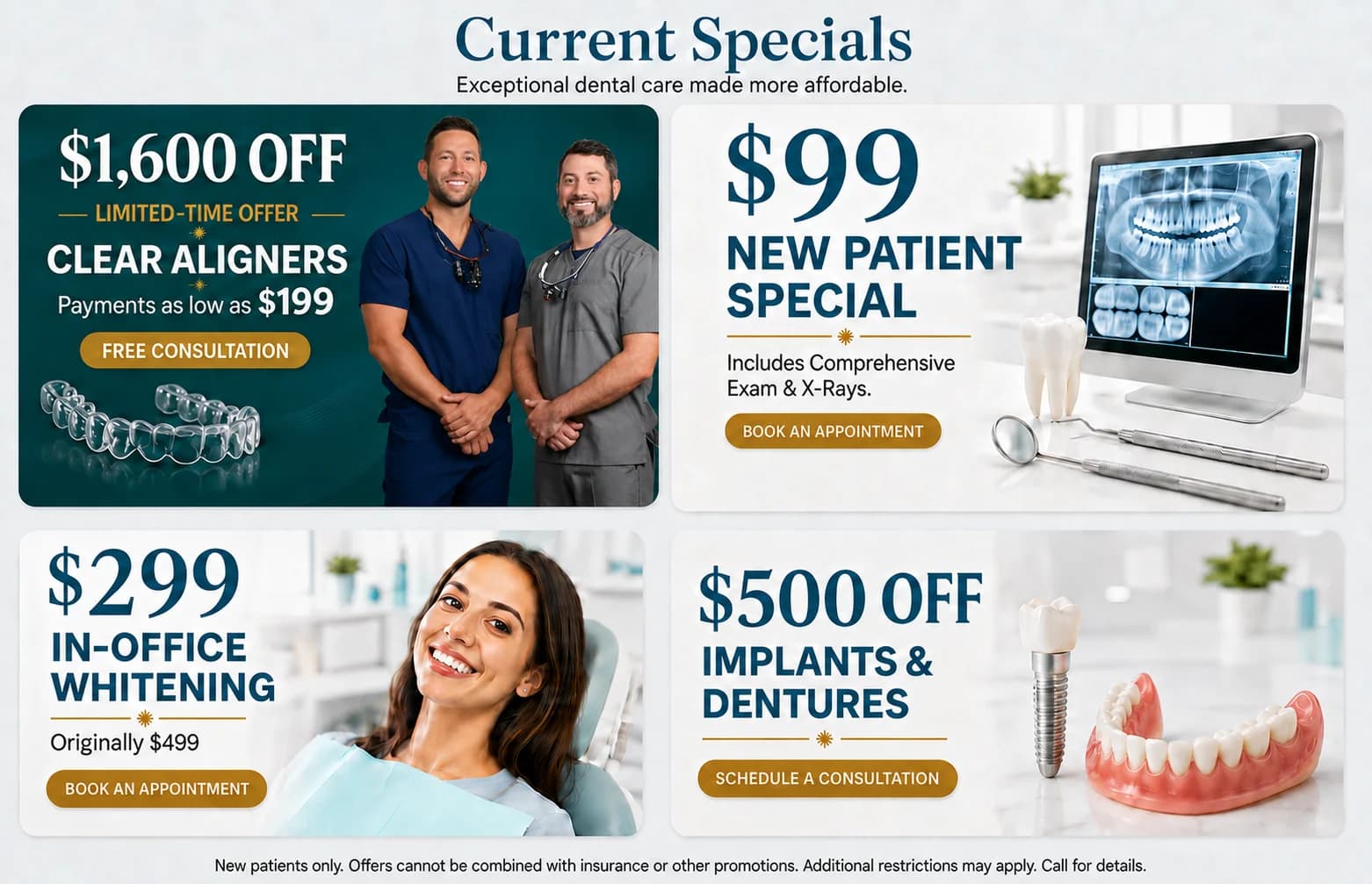 Current specials at Illumination Dentistry: $1,600 off clear aligners, a $99 new patient exam, $299 in-office whitening, and $500 off implants and dentures
